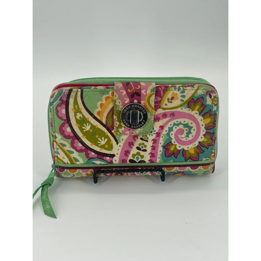 Vera Bradley Turn Lock Zip Around Wallet Pink Green Paisley Floral Y2K